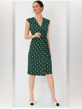 Ann Taylor Floral Tile Wrap Dress Green Black White Petite M NWT